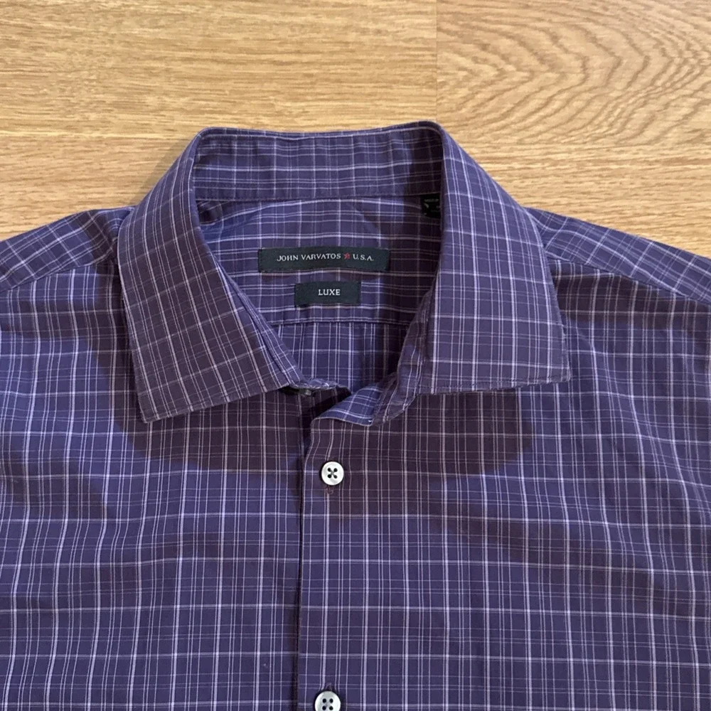 John Varvatos Shirt Mens LUXE Sz 16 Purple Plaid Long Sleeve Button Down Preppy